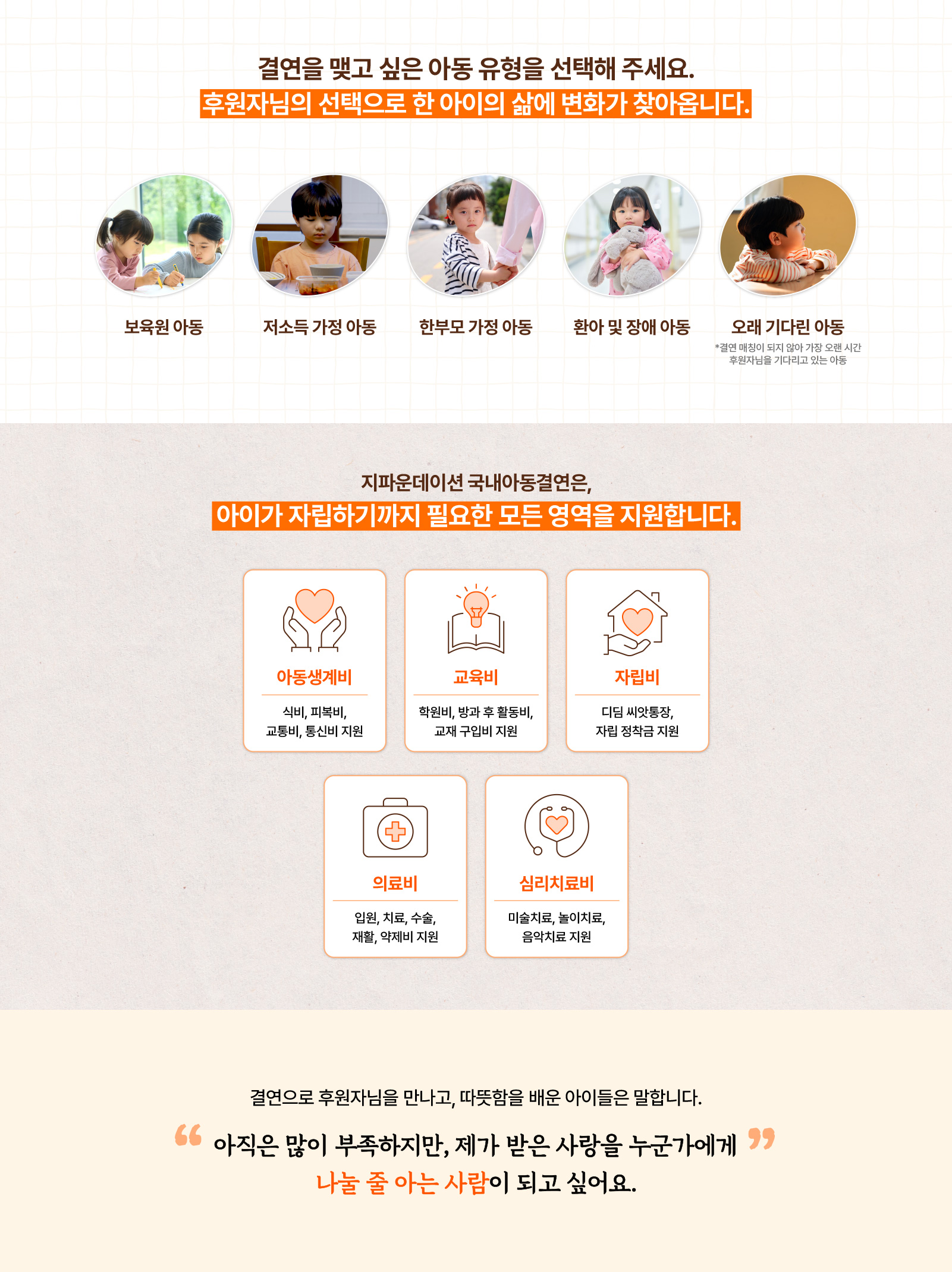 결연 아동 유형 과 지원 분야 설명 이미지